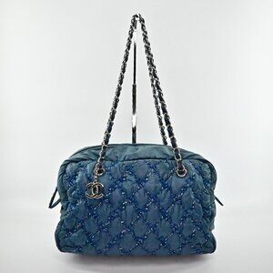 CHANEL Shoulder Bag Byzance Tweed On Stitch Blue Nylon Quilted Chain Strap
